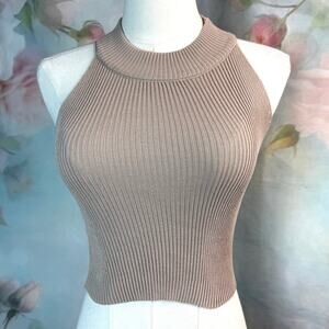 Tan Mock Neck Ribbed Sleeveless Stretchy Crop Top